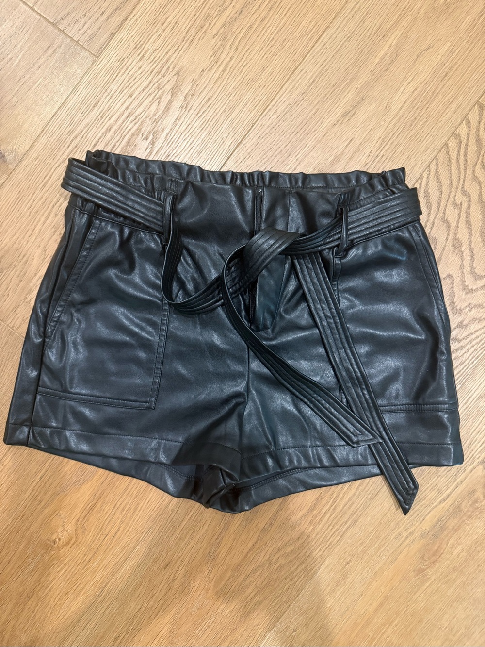 Shinestar Black Faux Leather High Waist Paperbag Shorts with Tie Belt